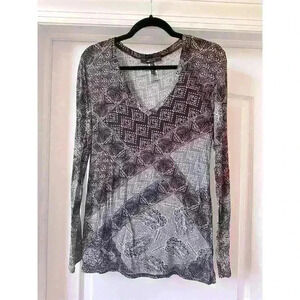Women's L Long Sleeve V-Neck Geometric Print Blouse Black & White Casual